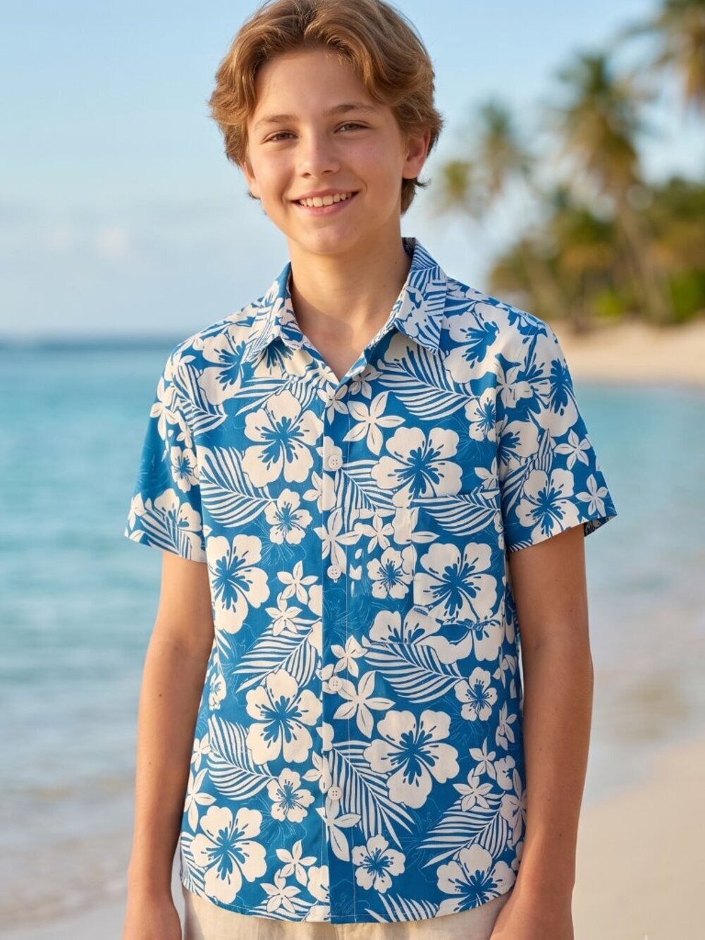 NWT Yimoon Kids Blue White Floral Hawaiian Tropical Short Sleeve Button Shirt 12